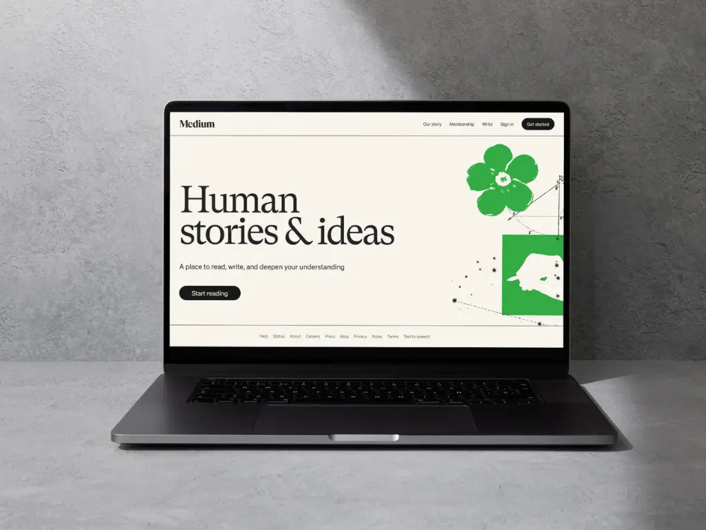 Medium.com homepage displayed on a laptop screen, showing the headline "Human stories & ideas" with green illustrative graphics against a cream background.